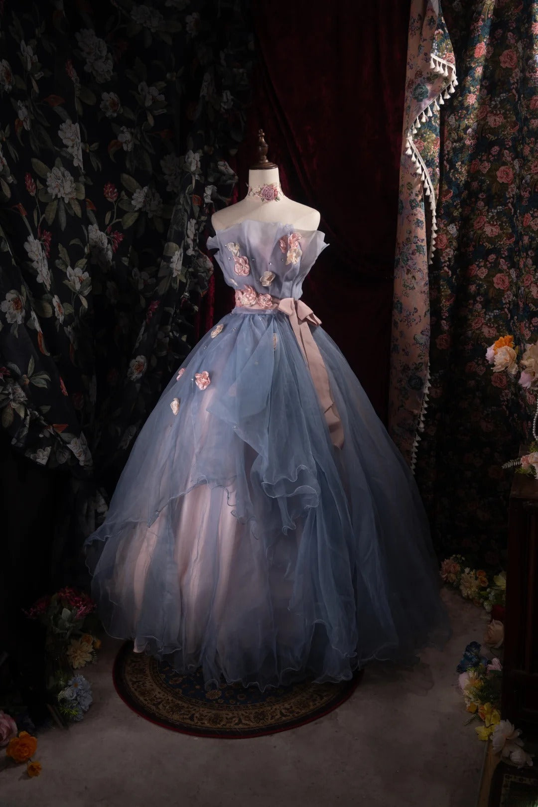 Dreamy Ball Gown Formal Events Strapless Dusty Blue Pink With Flowers Quince Dress Quinceanera Dresses Birthday Outfits RB8485