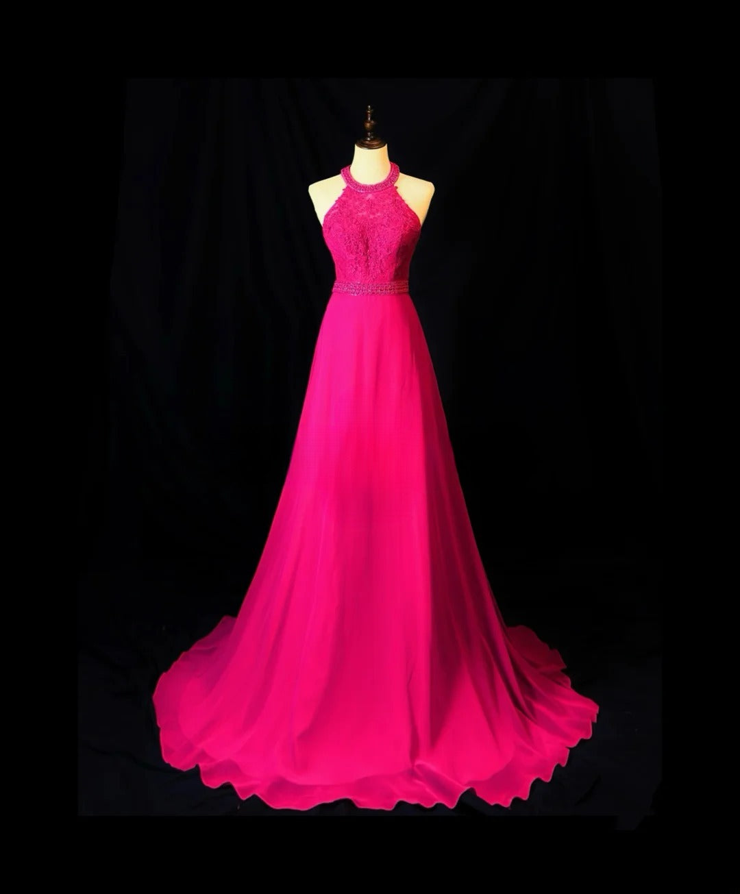 Vintage 90s Prom Dresses A Line Halter Hot Pink Chiffon With Beading Long Party Gown Formal Outfits RB6014