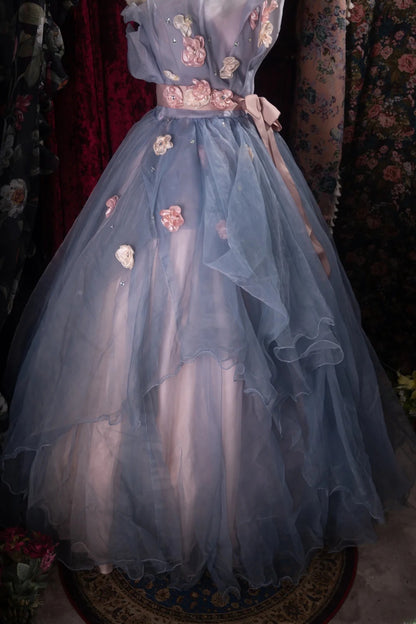 Dreamy Ball Gown Formal Events Strapless Dusty Blue Pink With Flowers Quince Dress Quinceanera Dresses Birthday Outfits RB8485