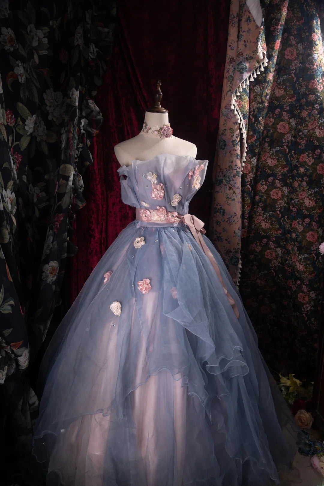 Dreamy Ball Gown Formal Events Strapless Dusty Blue Pink With Flowers Quince Dress Quinceanera Dresses Birthday Outfits RB8485