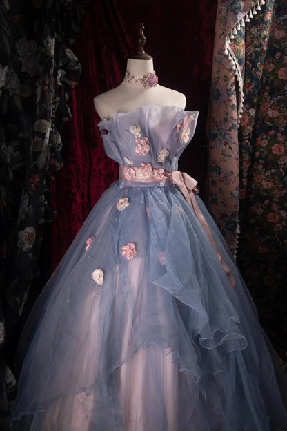Dreamy Ball Gown Formal Events Strapless Dusty Blue Pink With Flowers Quince Dress Quinceanera Dresses Birthday Outfits RB8485