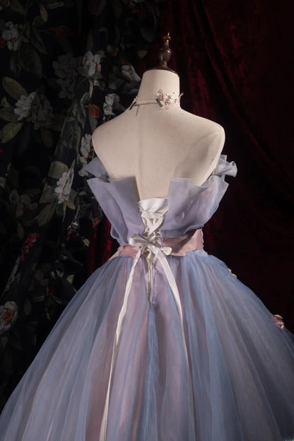 Dreamy Ball Gown Formal Events Strapless Dusty Blue Pink With Flowers Quince Dress Quinceanera Dresses Birthday Outfits RB8485