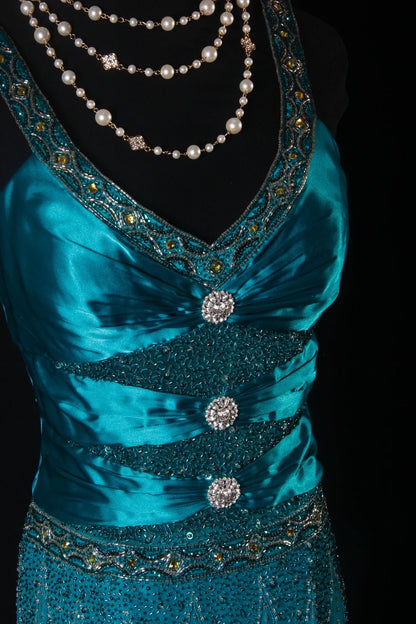 Classy Prom Dresses 1950s A line V Neck Blue With Beads Gem Vintage Long Parties Gowns Evening Dress AS214