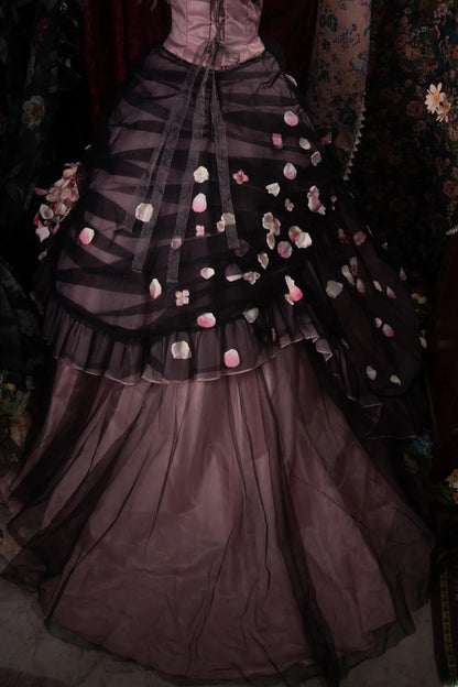 Dreamy Ball Gown Formal Events Strapless Black Tulle Pink With Flowers Quince Dress Quinceanera Dresses Birthday Outfits RB8486
