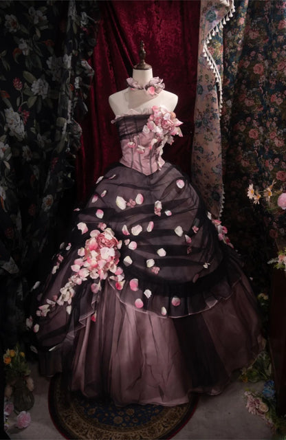 Dreamy Ball Gown Formal Events Strapless Black Tulle Pink With Flowers Quince Dress Quinceanera Dresses Birthday Outfits RB8486