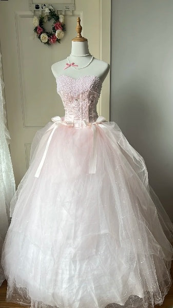 Sweet 15 Quinceanera Dress Ball Gown Sweetheart Pink With Pearls Lace Long 15th Birthday Outfits RC0571