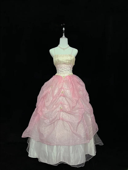 Dream Ball Gowns Straps Pink With Appliqued Lace Long Prom Dresses Senior Puffy Sweet 16 Sixteen Outfit Vestido de 15 RB7614