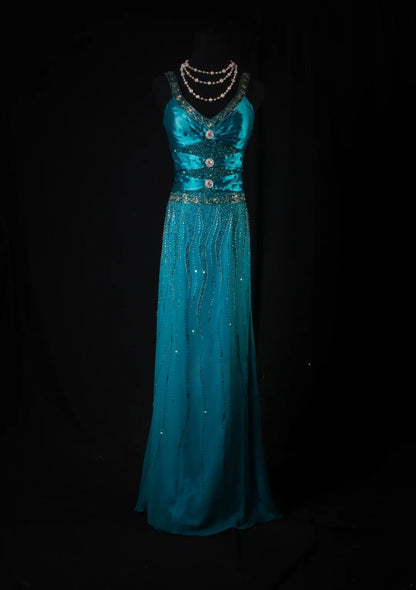 Classy Prom Dresses 1950s A line V Neck Blue With Beads Gem Vintage Long Parties Gowns Evening Dress AS214