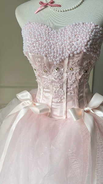 Sweet 15 Quinceanera Dress Ball Gown Sweetheart Pink With Pearls Lace Long 15th Birthday Outfits RC0571