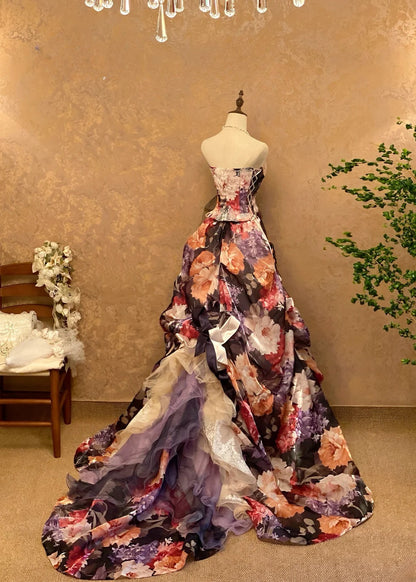 Elegant Mermaid Strapless Floral Satin Prom Dress With Train For Women Evening Party Gown RB9139