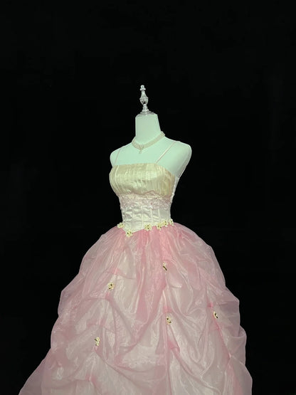 Dream Ball Gowns Straps Pink With Appliqued Lace Long Prom Dresses Senior Puffy Sweet 16 Sixteen Outfit Vestido de 15 RB7614