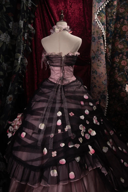 Dreamy Ball Gown Formal Events Strapless Black Tulle Pink With Flowers Quince Dress Quinceanera Dresses Birthday Outfits RB8486