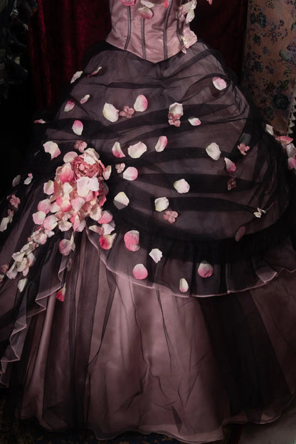 Dreamy Ball Gown Formal Events Strapless Black Tulle Pink With Flowers Quince Dress Quinceanera Dresses Birthday Outfits RB8486