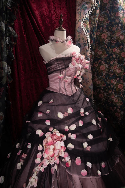 Dreamy Ball Gown Formal Events Strapless Black Tulle Pink With Flowers Quince Dress Quinceanera Dresses Birthday Outfits RB8486