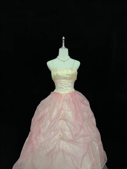 Dream Ball Gowns Straps Pink With Appliqued Lace Long Prom Dresses Senior Puffy Sweet 16 Sixteen Outfit Vestido de 15 RB7614