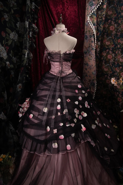 Dreamy Ball Gown Formal Events Strapless Black Tulle Pink With Flowers Quince Dress Quinceanera Dresses Birthday Outfits RB8486