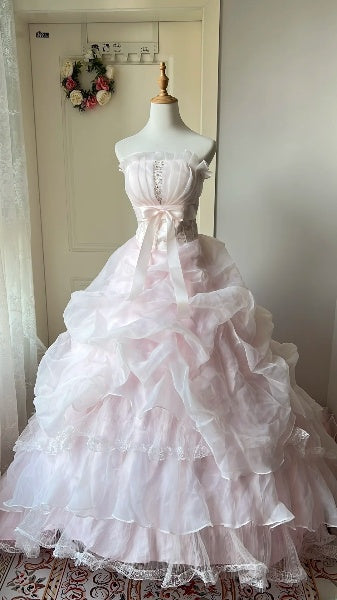 Elegant Sweet 16 Dress Long Strapless Pink With Tiered Layers Ball Gown Sweet Sixteen Party Birthday Dresses RC0572