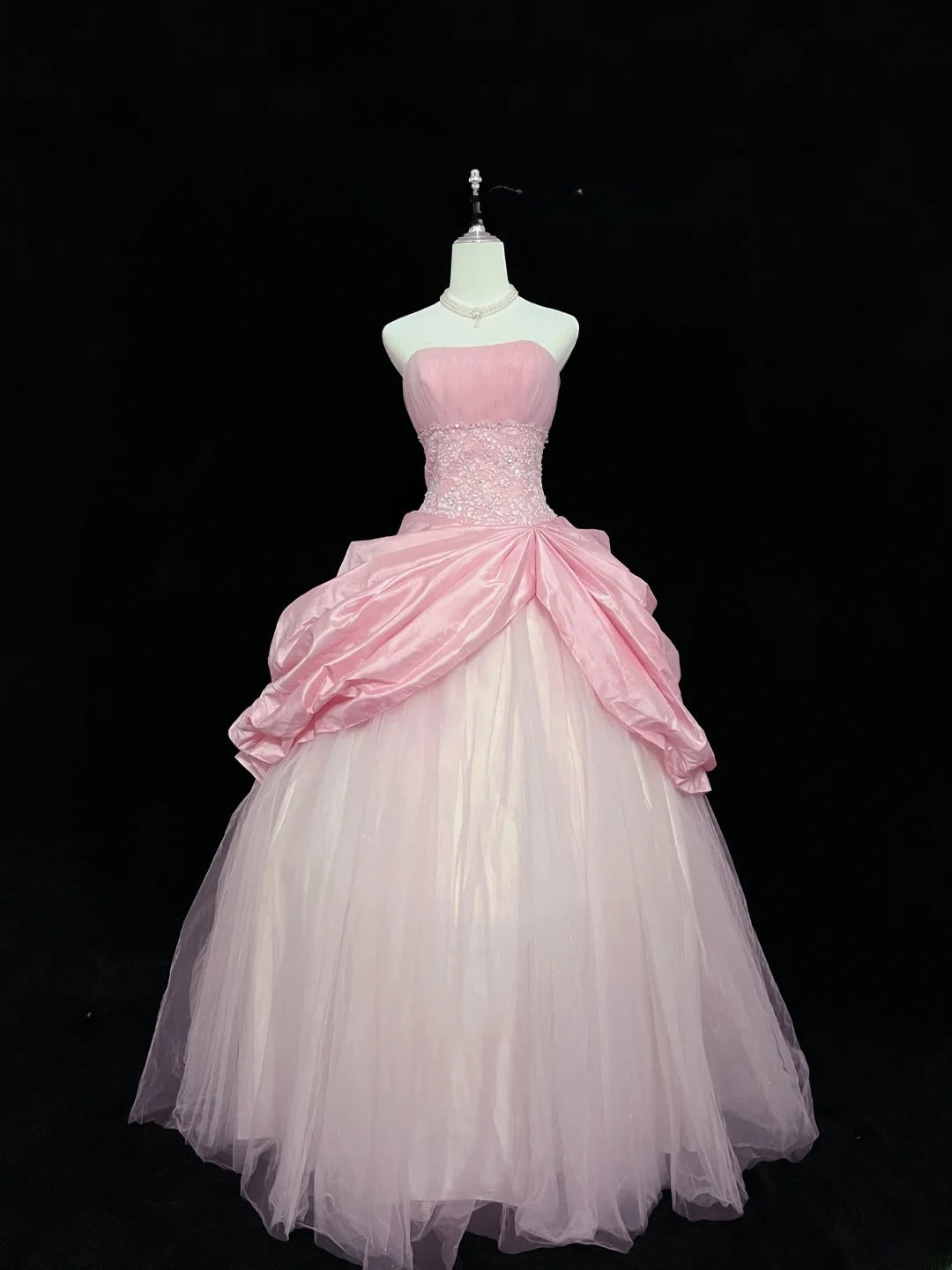 Dreamy Ball Gowns Strapless Pink With Appliqued Lace Long Prom Dresses Senior Puffy Sweet 16 Sixteen Outfit Vestido de 15 RB7615