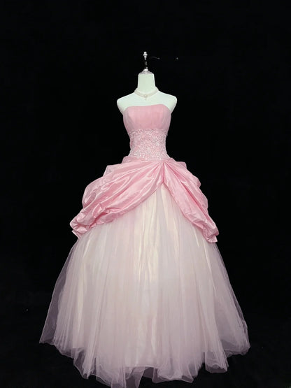 Dreamy Ball Gowns Strapless Pink With Appliqued Lace Long Prom Dresses Senior Puffy Sweet 16 Sixteen Outfit Vestido de 15 RB7615