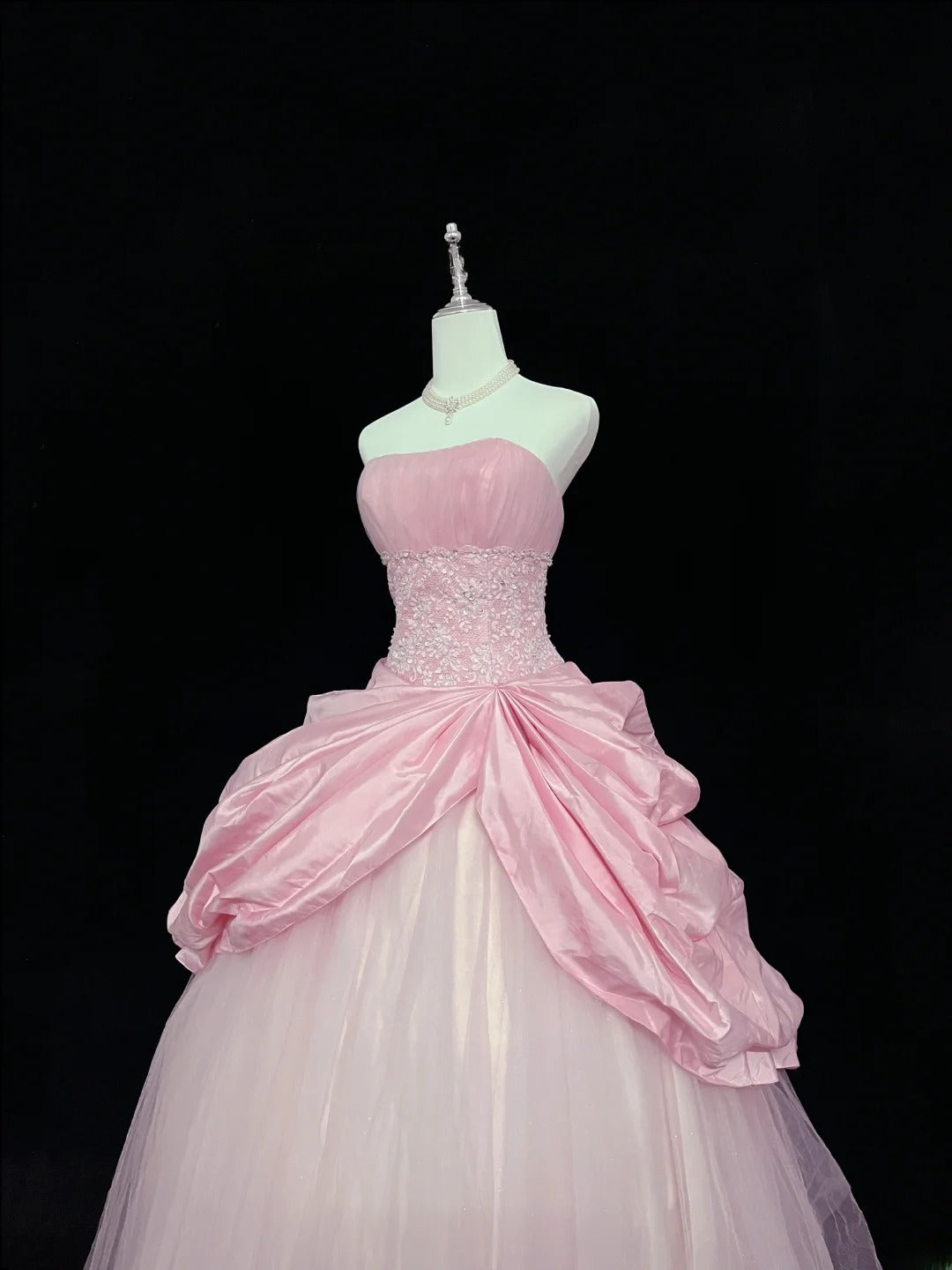 Dreamy Ball Gowns Strapless Pink With Appliqued Lace Long Prom Dresses Senior Puffy Sweet 16 Sixteen Outfit Vestido de 15 RB7615