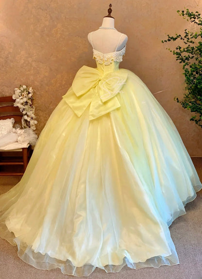 Quinceanera Dress Yellow Spaghetti Straps With Bow Pearls With Train Ball Gown Sweet 15 15th Birthday Gown RB9140