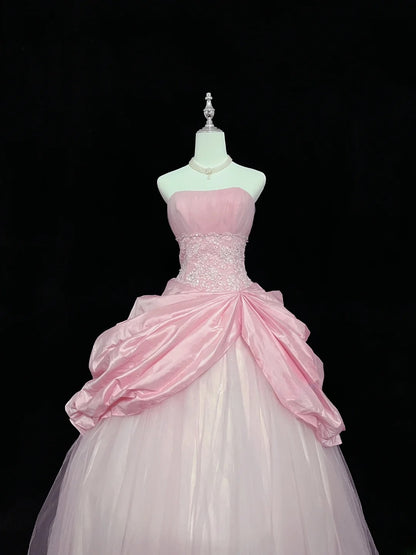 Dreamy Ball Gowns Strapless Pink With Appliqued Lace Long Prom Dresses Senior Puffy Sweet 16 Sixteen Outfit Vestido de 15 RB7615