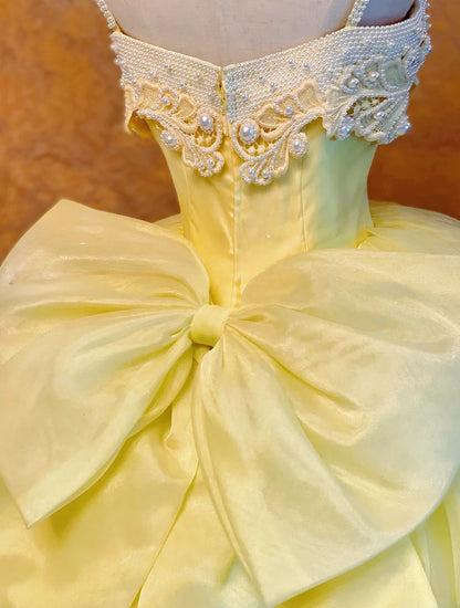 Quinceanera Dress Yellow Spaghetti Straps With Bow Pearls With Train Ball Gown Sweet 15 15th Birthday Gown RB9140