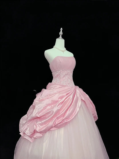 Dreamy Ball Gowns Strapless Pink With Appliqued Lace Long Prom Dresses Senior Puffy Sweet 16 Sixteen Outfit Vestido de 15 RB7615