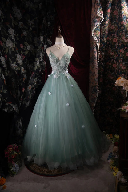 Cute Ball Gown Formal Events Spaghetti Straps Green Tulle With Appliqued Quince Dress Quinceanera Dresses Birthday Outfits RB8488