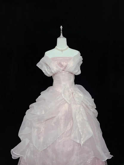 Dreamy Ball Gowns Strapless Pink With Bow-knot Long Prom Dresses Senior Puffy Sweet 16 Sixteen Outfit Vestido de 15 RB7616