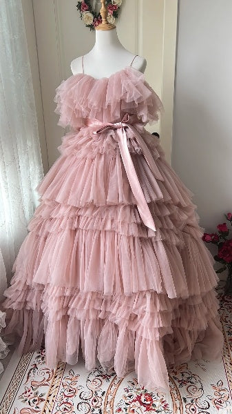 Elegant Sweet 16 Dress Long Spaghetti Straps Pink With Tiered Layers Ball Gown Sweet Sixteen Party Birthday Dresses RC0573