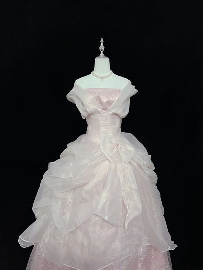 Dreamy Ball Gowns Strapless Pink With Bow-knot Long Prom Dresses Senior Puffy Sweet 16 Sixteen Outfit Vestido de 15 RB7616