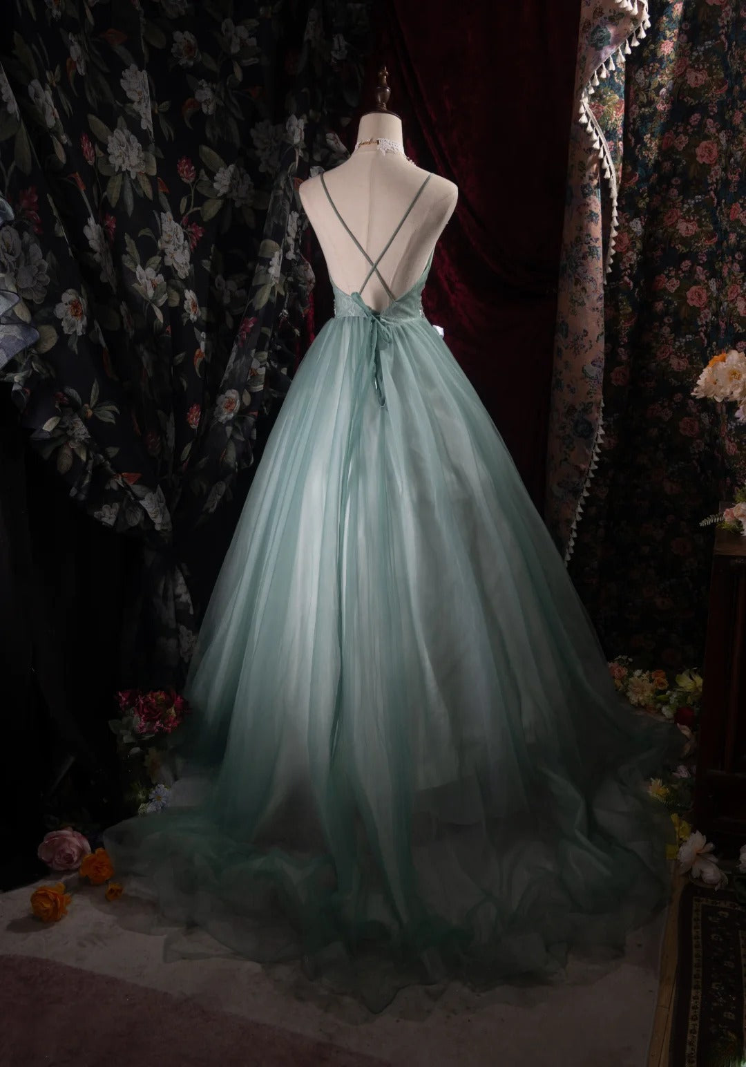 Cute Ball Gown Formal Events Spaghetti Straps Green Tulle With Appliqued Quince Dress Quinceanera Dresses Birthday Outfits RB8488