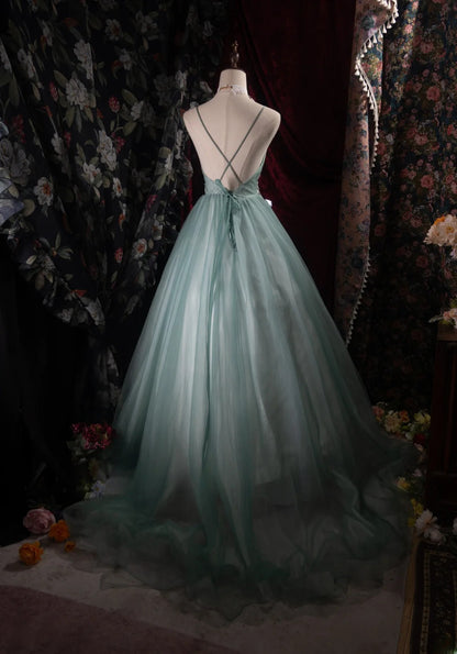Cute Ball Gown Formal Events Spaghetti Straps Green Tulle With Appliqued Quince Dress Quinceanera Dresses Birthday Outfits RB8488