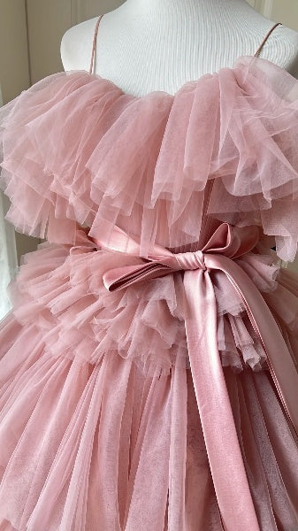 Elegant Sweet 16 Dress Long Spaghetti Straps Pink With Tiered Layers Ball Gown Sweet Sixteen Party Birthday Dresses RC0573