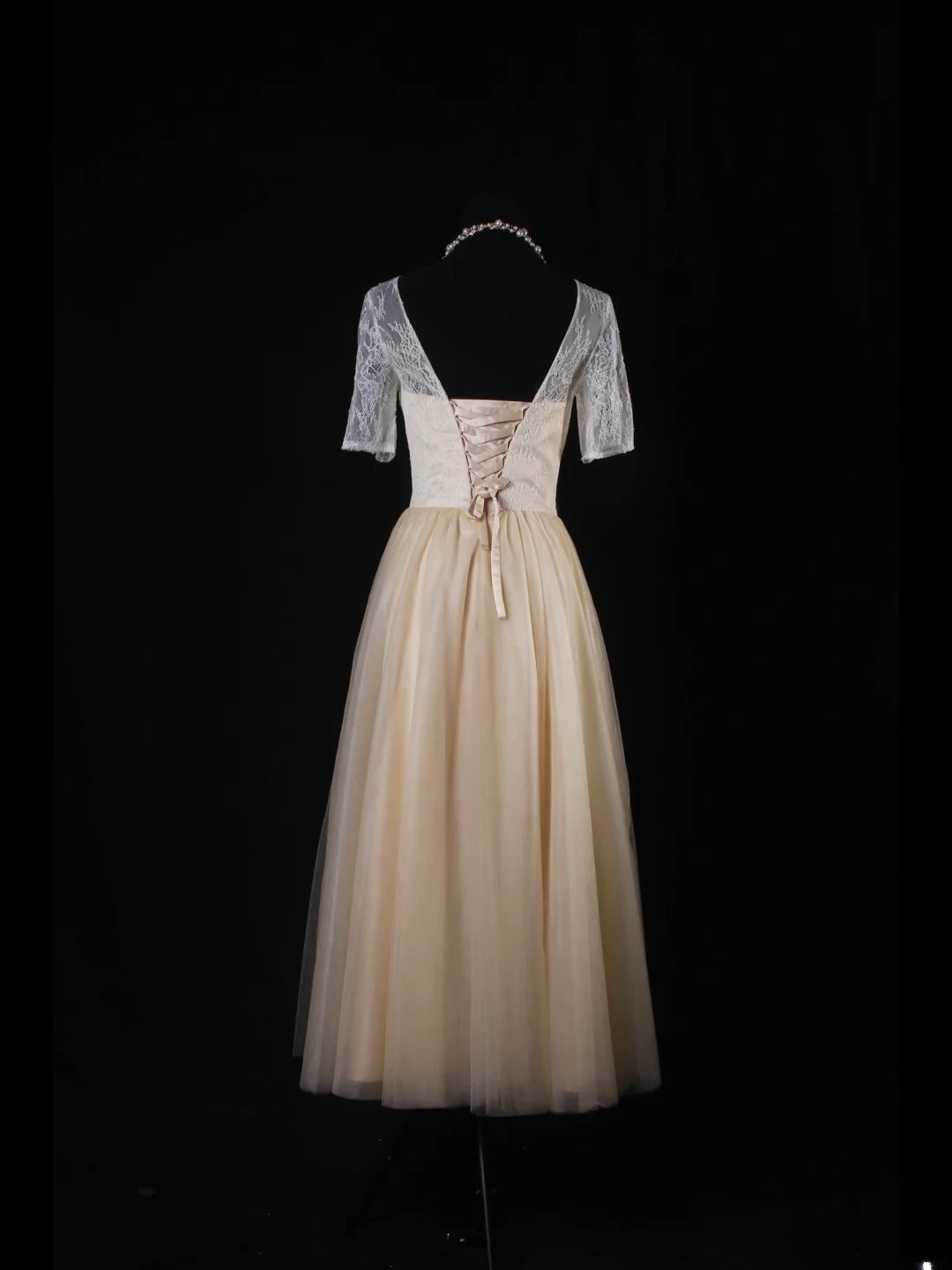 Simple A Line Scoop Neck With Half Sleeves Tulle Lace Bridesmaid Dresses AS216
