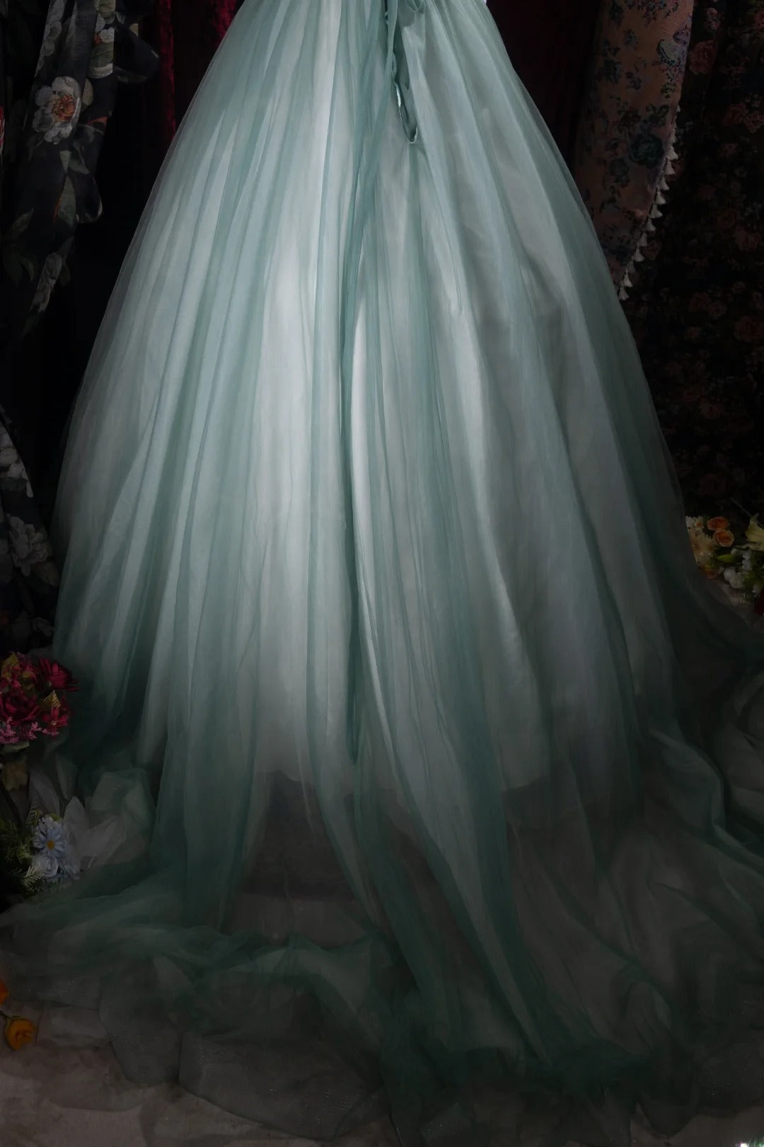 Cute Ball Gown Formal Events Spaghetti Straps Green Tulle With Appliqued Quince Dress Quinceanera Dresses Birthday Outfits RB8488