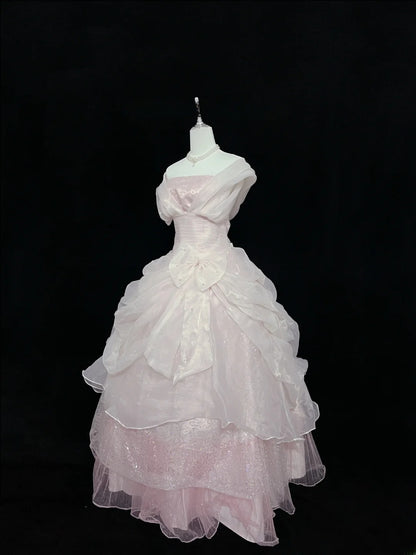 Dreamy Ball Gowns Strapless Pink With Bow-knot Long Prom Dresses Senior Puffy Sweet 16 Sixteen Outfit Vestido de 15 RB7616