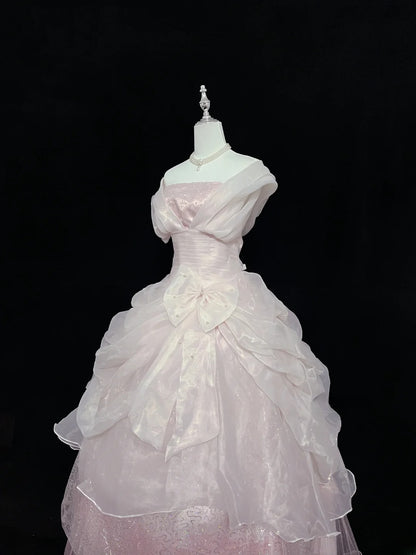 Dreamy Ball Gowns Strapless Pink With Bow-knot Long Prom Dresses Senior Puffy Sweet 16 Sixteen Outfit Vestido de 15 RB7616