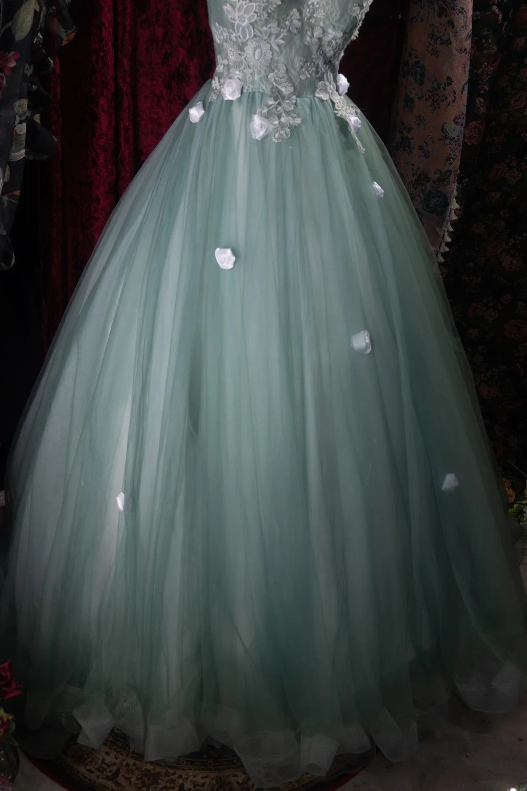 Cute Ball Gown Formal Events Spaghetti Straps Green Tulle With Appliqued Quince Dress Quinceanera Dresses Birthday Outfits RB8488