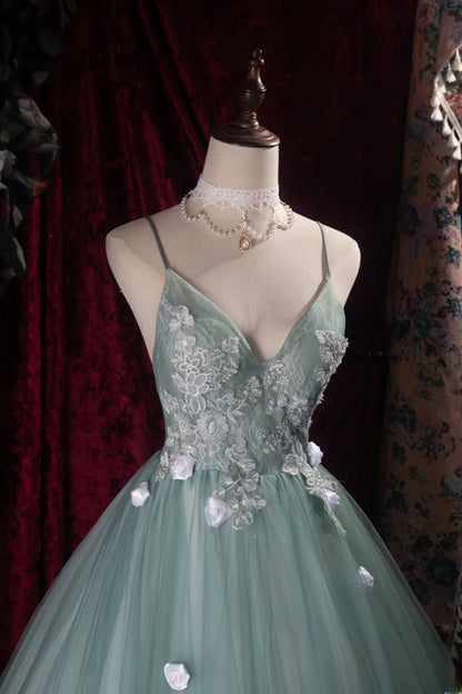 Cute Ball Gown Formal Events Spaghetti Straps Green Tulle With Appliqued Quince Dress Quinceanera Dresses Birthday Outfits RB8488