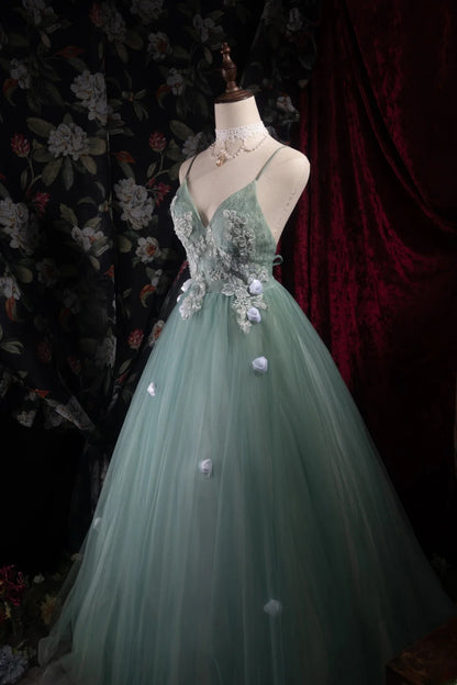 Cute Ball Gown Formal Events Spaghetti Straps Green Tulle With Appliqued Quince Dress Quinceanera Dresses Birthday Outfits RB8488