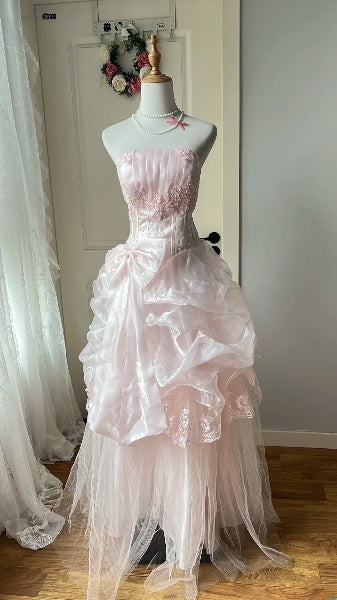 Vintage Prom Dresses Aesthetic 80s Retro A Line Strapless Pink Floor Length Evening Outfits RC0574