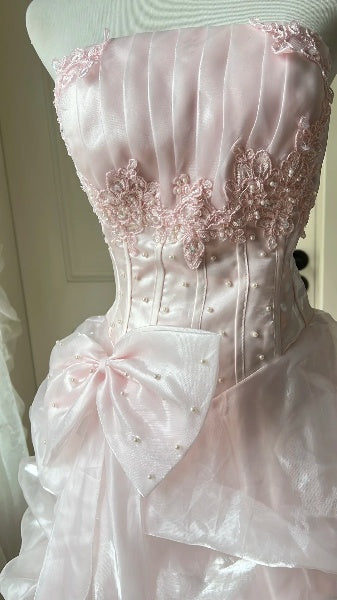 Vintage Prom Dresses Aesthetic 80s Retro A Line Strapless Pink Floor Length Evening Outfits RC0574