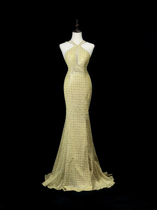 Vintage 80s Prom Dresses Mermaid Halter Gold Sequin With Backless Slit Long Party Gown Formal Outfits RB6017