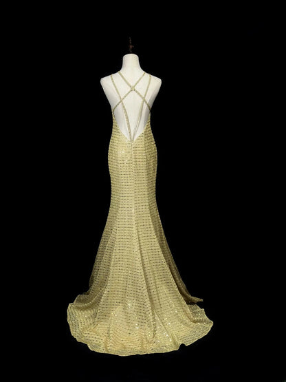 Vintage 80s Prom Dresses Mermaid Halter Gold Sequin With Backless Slit Long Party Gown Formal Outfits RB6017