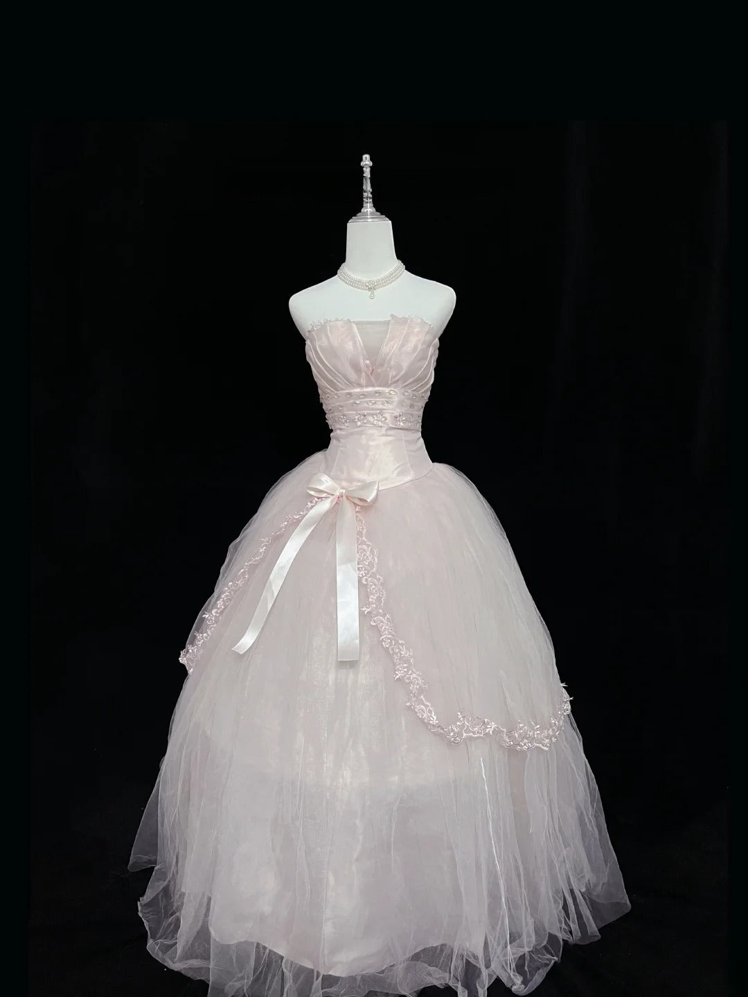 Dreamy Ball Gowns Strapless Pink With Bow-knot Tulle Long Prom Dresses Senior Puffy Sweet 16 Sixteen Outfit Vestido de 15 RB7618