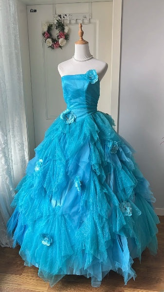 Sweet 15 Quinceanera Dress Ball Gown Strapless Blue With Tiered Tulle Long 15th Birthday Outfits RC0575