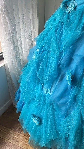 Sweet 15 Quinceanera Dress Ball Gown Strapless Blue With Tiered Tulle Long 15th Birthday Outfits RC0575