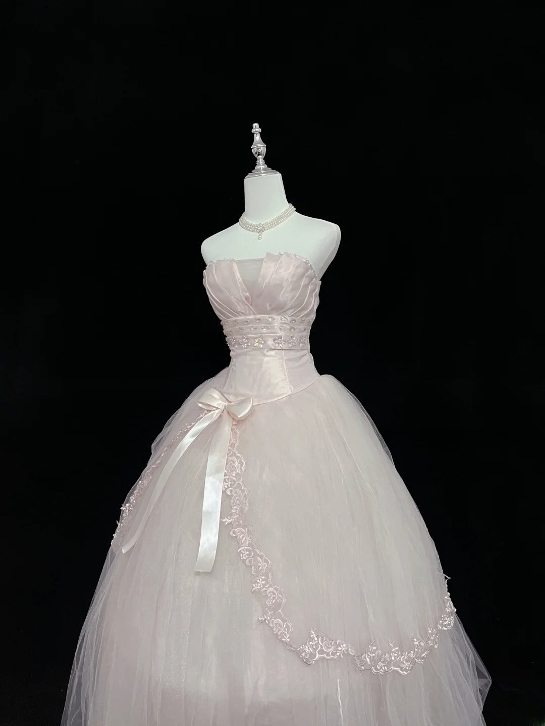 Dreamy Ball Gowns Strapless Pink With Bow-knot Tulle Long Prom Dresses Senior Puffy Sweet 16 Sixteen Outfit Vestido de 15 RB7618